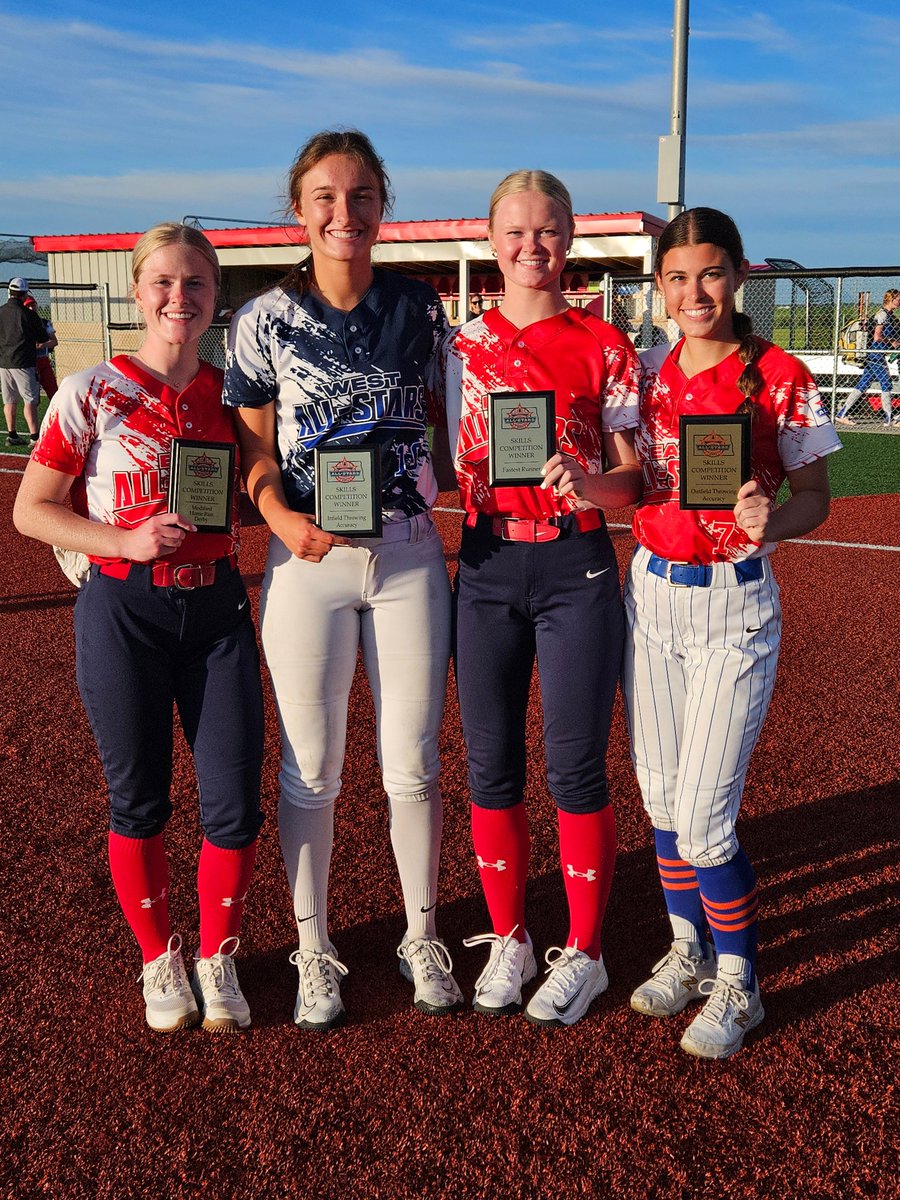 Congratulations to the 2024 <a href="/SCHEELS/">SCHEELS</a> Softball All-Star Series Skills Competition winners!

From right to left:
Raina Satrom - Modified Home Run Derby
Jersey Berg - Infield Throwing Accuracy
Rylee Satrom - Fastest Runner*
Makenna Alexander - Outfield Throwing Accuracy

*New record