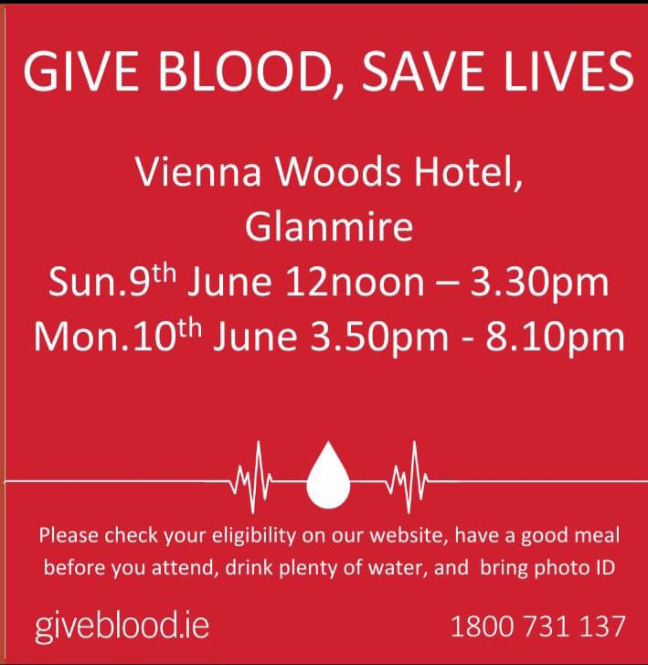 GIVE BLOOD, SAVE LIVES by donating at the clinics located in Vienna woods  on Sunday 9th and Monday 10th or <a href="/PaircUiCha0imh/">SuperValu Páirc Uí Chaoimh</a> on Thursday 13th 🩸 <a href="/GNBCORK/">Glanmire noticeboard</a> <a href="/GrandonsToyota/">Grandons Toyota Cork</a> <a href="/glanmirechamber/">Glanmire Chamber</a> <a href="/Wellbean_Coffee/">Wellbean Coffee</a> <a href="/glanmireladies/">Glanmire LGFC</a>