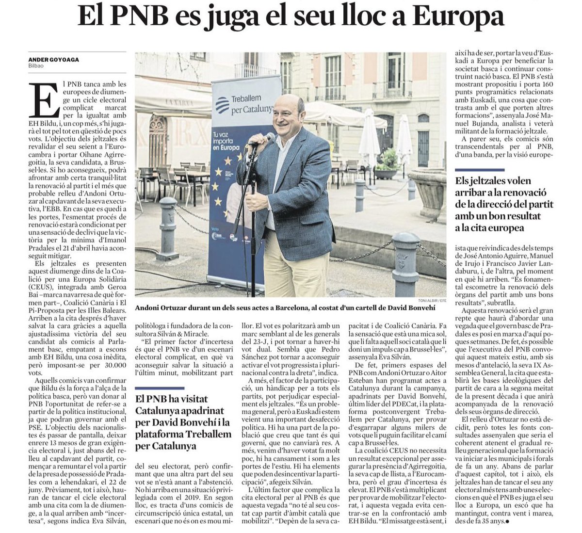 TreballemxCAT's tweet photo. Aparició a @LaVanguardia sobre la nostra candidatura amb @CEUScoalition i el @eajpnv arrel de la participació d’ @andoniortuzar a dels actes de campanya. Aquestes eleccions europees et fem costat 🇪🇺 #europa #eleccionseuropees #catalanisme #9j #pnv #txcat #treballempercatalunya https://t.co/EKkcDCI8zG