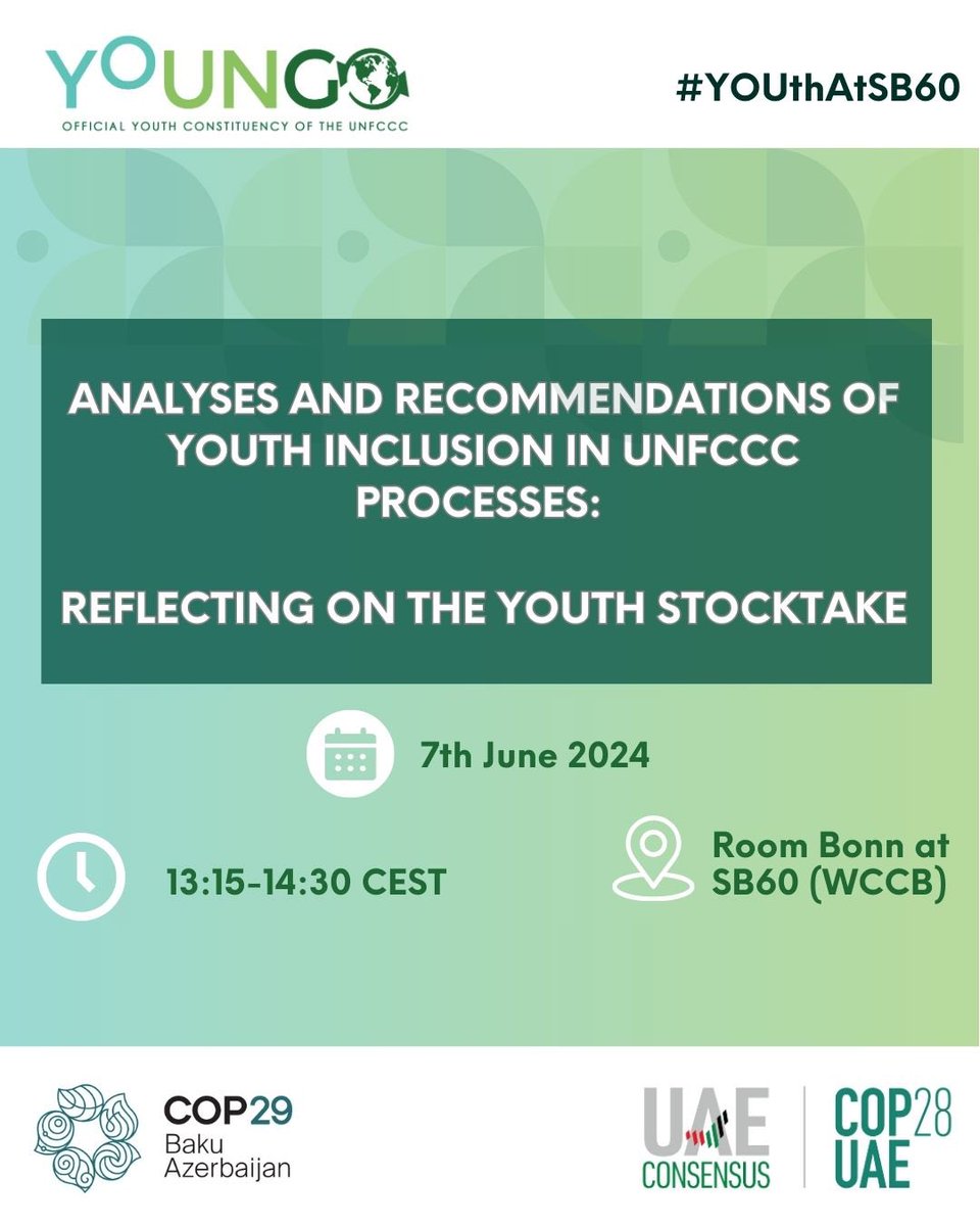 youngo_unfccc's tweet photo. Date: June 7, 2024
Timings: from 13:15-14:30 CEST 
Location: Room Bonn at WCCB

The event will focus on the Youth Stocktake Report, launched at COP28, aiming to make youth inclusion in UNFCCC processes a continuous effort. Engage in a round table discussion with youth, https://t.co/2FQBpWfQ0N