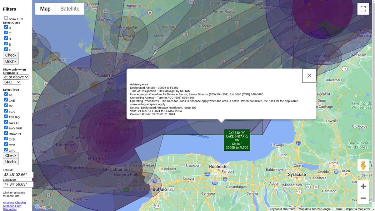 steffanwatkins's tweet photo. ๐จ๐ฆ #RCAF 427 Special Operations Aviation Squadron CE-145C Vigilance 145405 #C2C313 as #METAL61 is conducting a sortie over Lake Ontario in area CYA-530M, now at 23,000ft, giving them a LOS of ~300km.
https://t.co/UItQJ3YP88 #CANSOFCOM #427Sqn #427SOAS https://t.co/Y6t3uVuosn