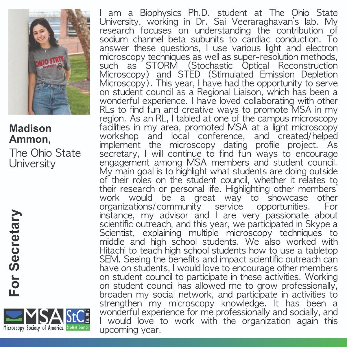 MSAStudent's tweet photo. MSA StC is pleased to announce the slate for the StC Executive Council Officer positions! Each MSA student member was sent an e-ballot in their emails with details about the candidates. Please cast your vote by June 30th.

#msastc #elections #execcouncil #microscopy https://t.co/8v9PDBQaMo