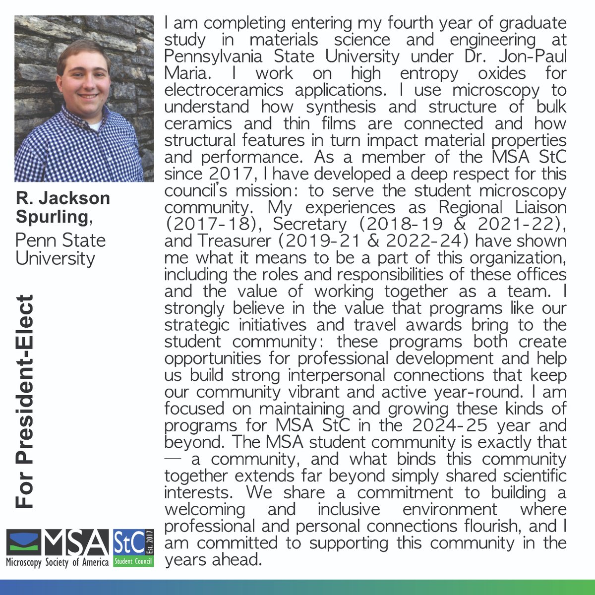 MSAStudent's tweet photo. MSA StC is pleased to announce the slate for the StC Executive Council Officer positions! Each MSA student member was sent an e-ballot in their emails with details about the candidates. Please cast your vote by June 30th.

#msastc #elections #execcouncil #microscopy https://t.co/8v9PDBQaMo