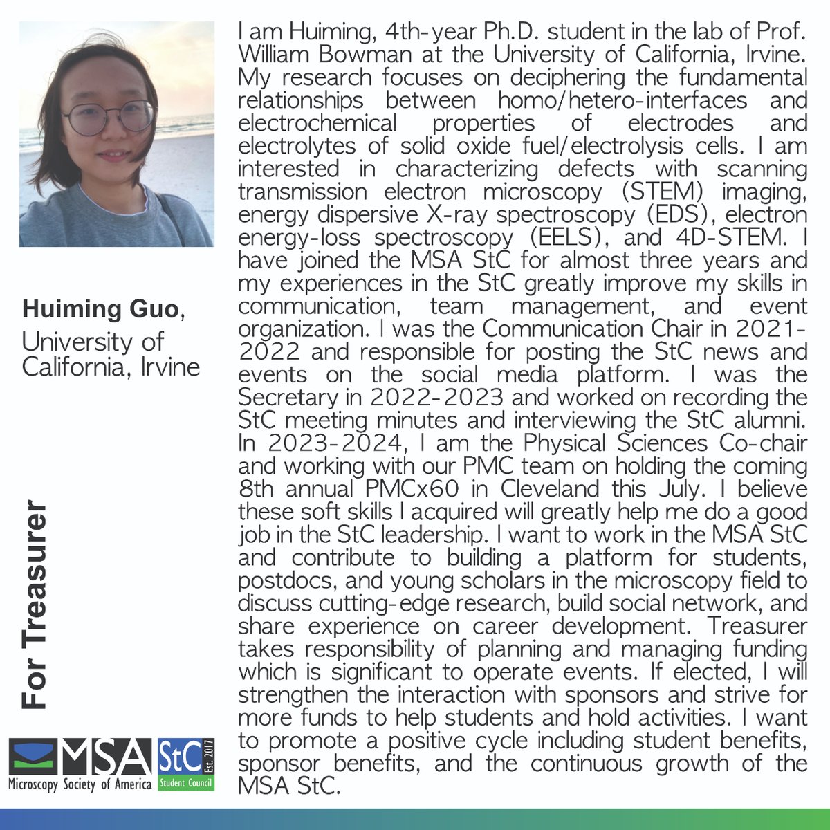 MSAStudent's tweet photo. MSA StC is pleased to announce the slate for the StC Executive Council Officer positions! Each MSA student member was sent an e-ballot in their emails with details about the candidates. Please cast your vote by June 30th.

#msastc #elections #execcouncil #microscopy https://t.co/8v9PDBQaMo