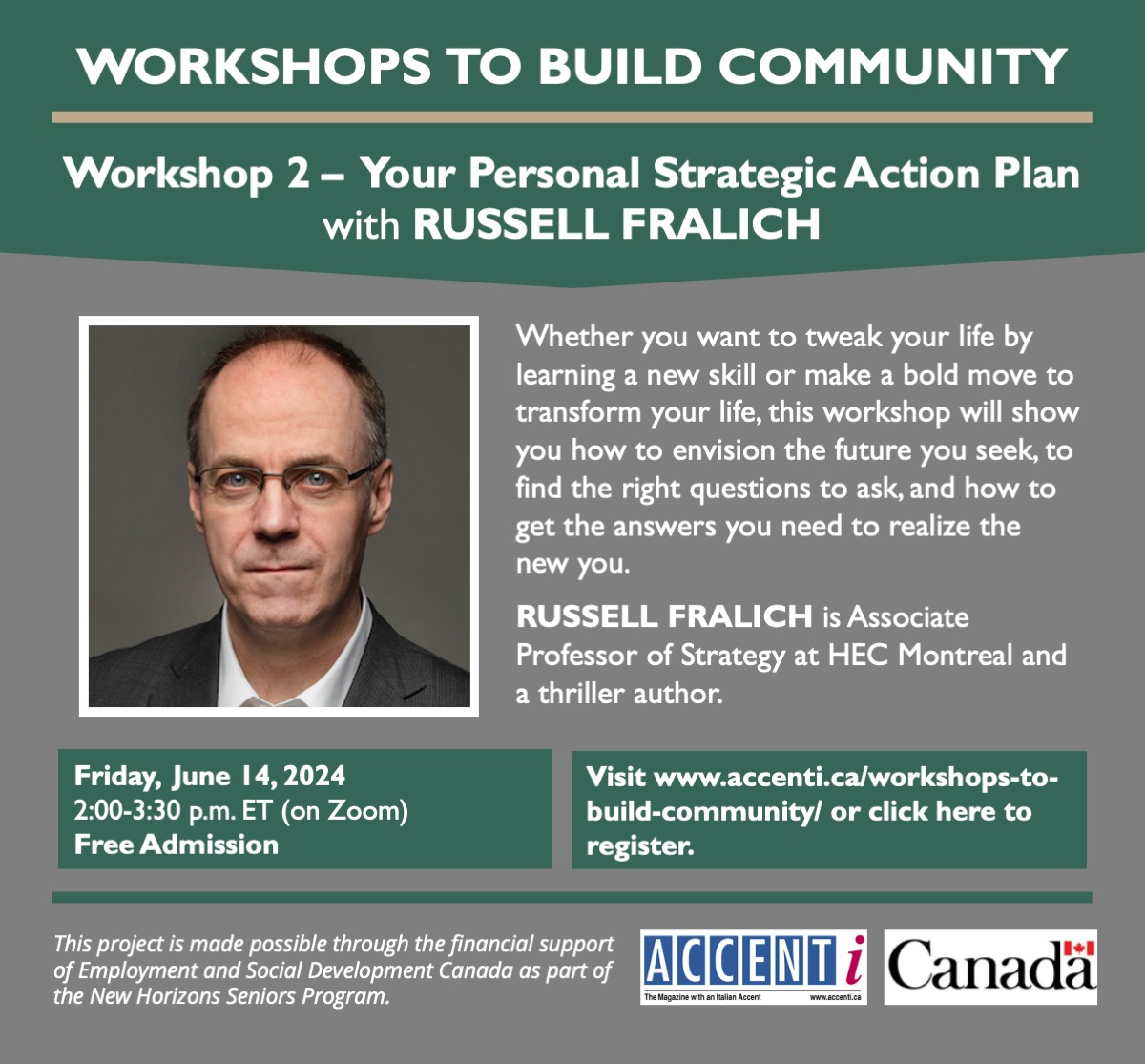 Accenti Magazine (@accentimagazine) on Twitter photo Free workshop on Friday, June 14, 2024, 2:00 p.m. ET. Your Personal Strategic Action Plan with RUSSELL FRALICH. Register here:
accenti.ca/workshops-to-b…
<a href="/L_CantonCusmano/">Liana Canton Cusmano</a> <a href="/OfficialQWF/">Quebec Writers' Federation</a> <a href="/ELANQuebec/">ELAN</a> <a href="/twuc/">TWUC</a> Free workshop on Friday, June 14, 2024, 2:00 p.m. ET. Your Personal Strategic Action Plan with RUSSELL FRALICH. Register here:
accenti.ca/workshops-to-b…
<a href="/L_CantonCusmano/">Liana Canton Cusmano</a> <a href="/OfficialQWF/">Quebec Writers' Federation</a> <a href="/ELANQuebec/">ELAN</a> <a href="/twuc/">TWUC</a>