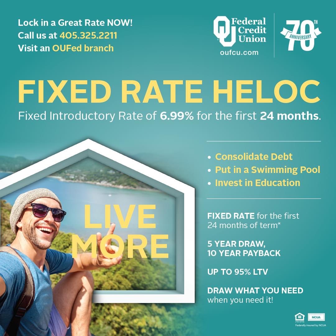 OUFedCU's tweet image. Check out our NEW fixed rate HELOC! For a limited time, lock in a great rate and tap into your home's equity. Contact us today for more information! 🏠
