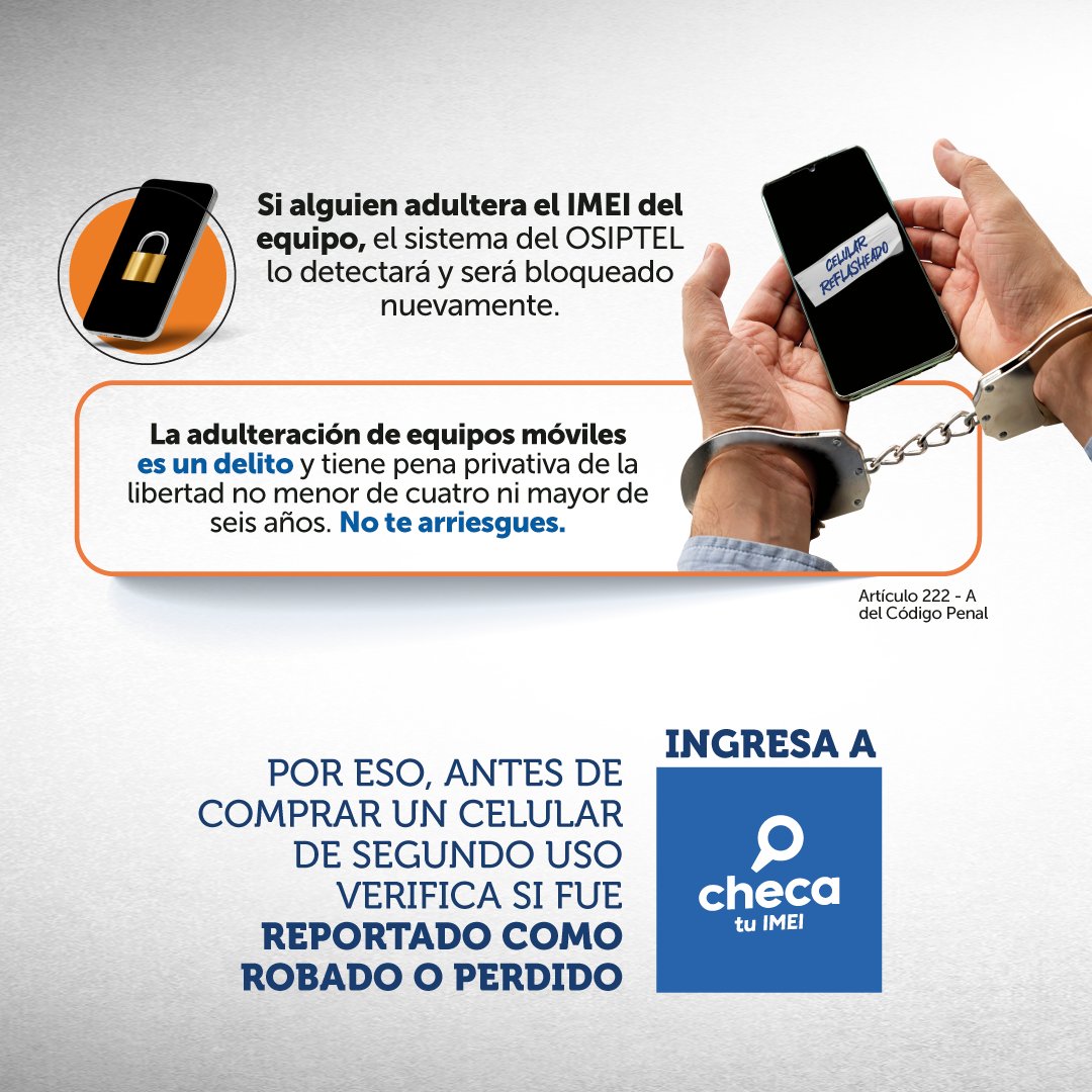 OSIPTEL's tweet photo. 📱😮¿Conoces la procedencia del celular que estás comprando?
Si estás por comprar un equipo, infórmate antes sobre su procedencia, podría ser un celular robado que será bloqueado.
Consulta en #ChecaTuIMEI https://t.co/8CmtTHut6e
#CompraInformado. ➡️ https://t.co/U7v661Xevq https://t.co/rDV3dNxl6m