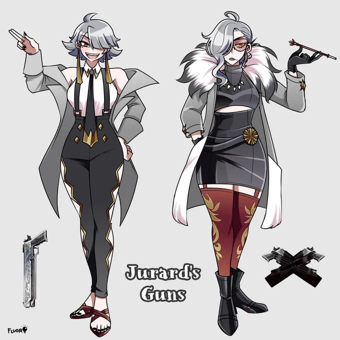 [#JurasickArt / #Artavio] Did some gijinka of Lorraine and Zephyr, so here's some gijinka of Jurard and Tavi's weapons too! 