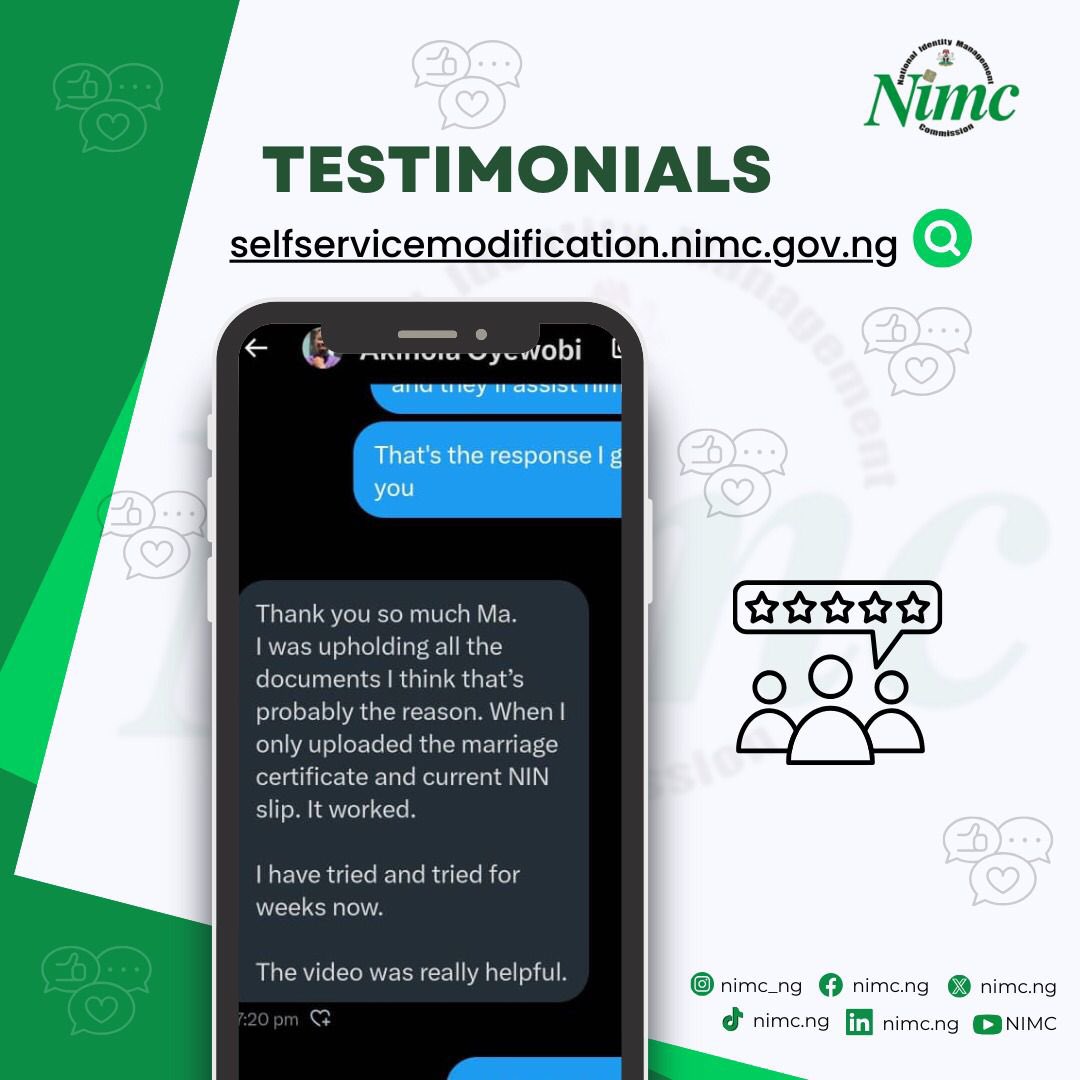 moore_ojo's tweet image. Update your NIN with ease via @nimc_ng's #SelfServiceModification! 
Just visit, selfservicemodification.nimc.gov.ng and share your success story, thanks to our amiable DG/CEO of @nimc_ng, @EngrAbisoye's innovative leadership! 
#NIMC2024