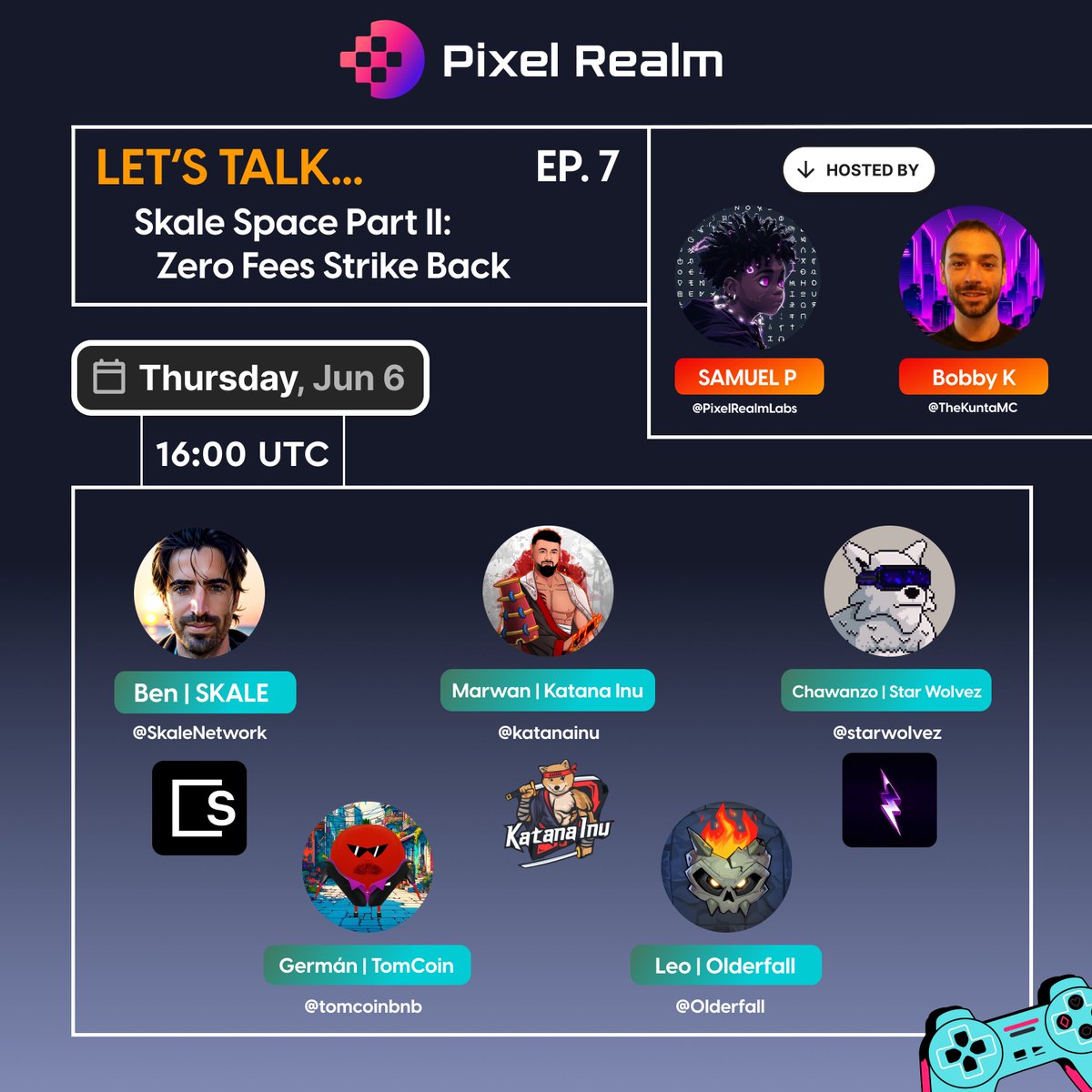 Let's Talk... Ep.7 🎙
"Skale Space Part II: Zero Fees Strike Back!" 🎮🔴

Featuring:
👾 Ben <a href="/benjmiller88/">benjamin</a>  , <a href="/SkaleNetwork/">SKALE</a> 

👾 Marwan <a href="/marwankatanainu/">Marwan Haddad⛩</a> , <a href="/katanainu/">Katana Inu</a> 

👾 Chawanzo <a href="/charliehilton/">chawanzo 🐺</a> ,  <a href="/starwolvez/">Star Wolvez</a> 

👾 Germán , @tomcoinbnb

👾 Leo , <a href="/Olderfall/">Olderfall</a> 

🤠 w hosts