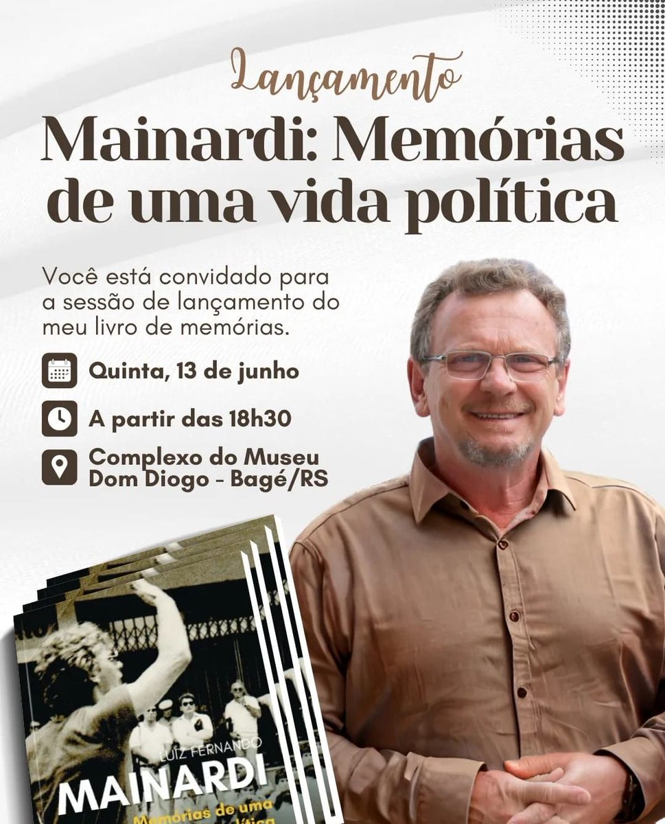 ricardozamoraRS's tweet photo. Na quinta-feira da semana que vem, dia 13 de junho, o @DepMainardi lança o livro “Mainardi: memórias de uma vida política”. A atividade acontece no Complexo Cultural do Museu Dom Diogo de Souza, em Bagé (RS), a partir das 18h30.

#lançamento https://t.co/yW2bTrCcxw