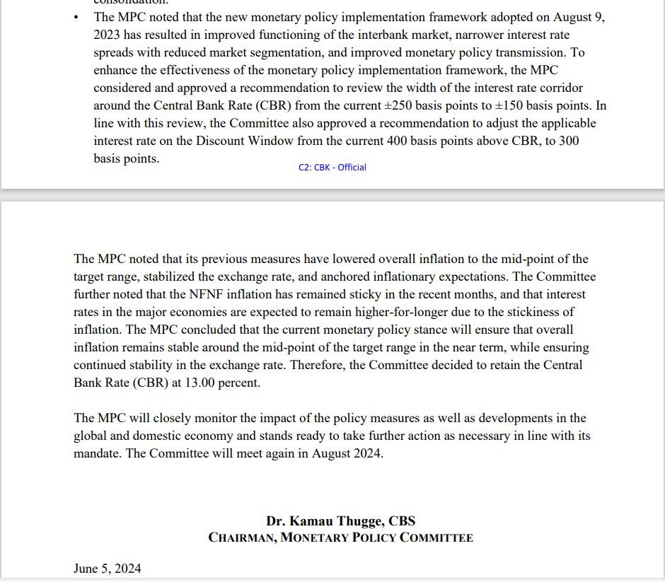 CytonnInvest's tweet photo. In line with our expectations, the MPC retained the CBR at the current 13%, mainly informed by major economies retaining high interest rates, NFNF inflation has remained sticky recently, and hence the current stance would support inflation remaining within the preferred target of 5%