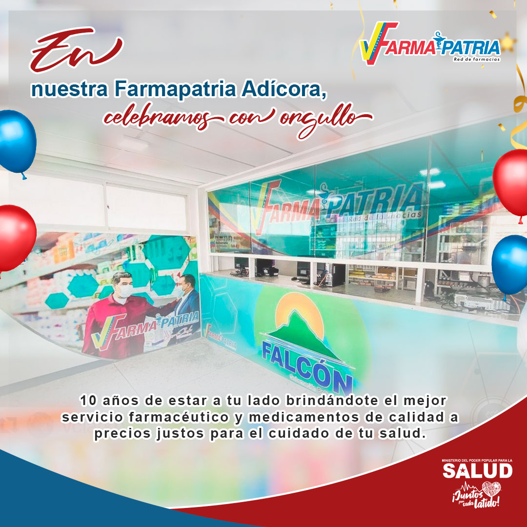 #Hoy celebramos 10 años de nuestra Farmapatria Adícora. 
#JuntosPorCadaLatido
#MedicamentosAlalcanceDetodos
<a href="/NicolasMaduro/">Nicolás Maduro</a> 
<a href="/MagaGutierrezV/">Magaly Gutiérrez Viña</a>