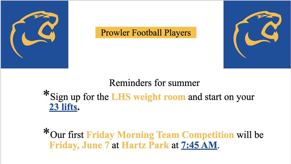 TRFProwlerFB's tweet photo. Prowler football nation: a reminder about the first Friday morning team competition this week. https://t.co/nuRxQyZLeL