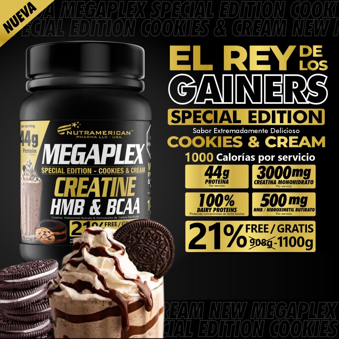 Nutramerican's tweet photo. 🤩El rey de los gainers ahora en edición especial por tiempo limitado y con sabor a cookies and cream. 🍪🍦 44 gr de proteína por servicio, creatina, HMB &amp; BCAA, 1000 calorías. Tamaño más compacto y 21% más de contenido. 💪 Proteína de suero de leche más caseína.
 #Gainers https://t.co/HYFXwvDCnT