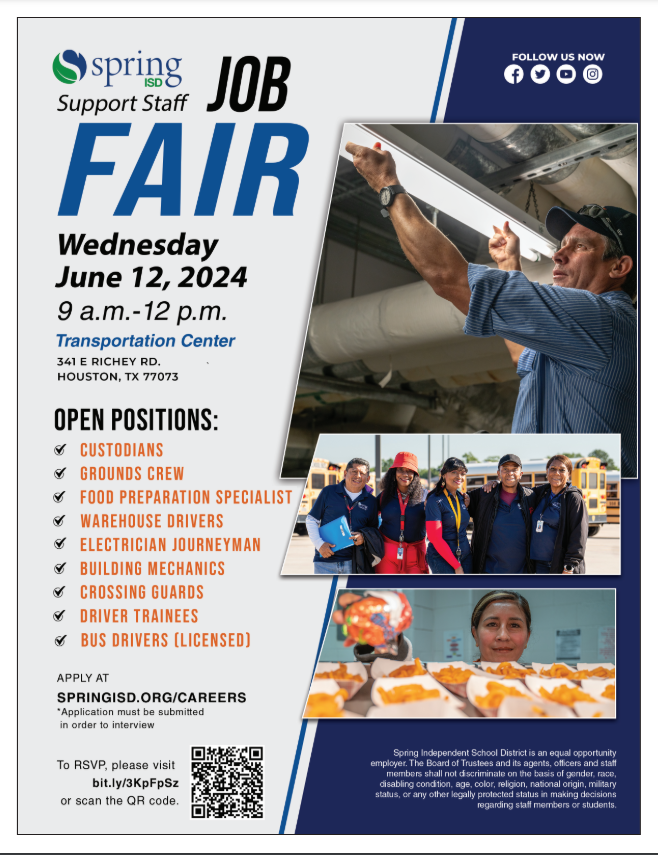 Spring ISD Careers (@springisdhr1) on Twitter photo We are Hiring! <a href="/SpringISD/">Spring ISD</a> Wants YOU! Join us for our Support Staff Job Fair on Wednesday, June 12, 2024 at the Transportation Center 341 E. Richey Rd. Houston, TX 77073! To RSVP, please visit bit.ly/3KpFpSz or scan the QR Code! SPRINGISD.ORG/CAREERS See you there! We are Hiring! <a href="/SpringISD/">Spring ISD</a> Wants YOU! Join us for our Support Staff Job Fair on Wednesday, June 12, 2024 at the Transportation Center 341 E. Richey Rd. Houston, TX 77073! To RSVP, please visit bit.ly/3KpFpSz or scan the QR Code! SPRINGISD.ORG/CAREERS See you there!