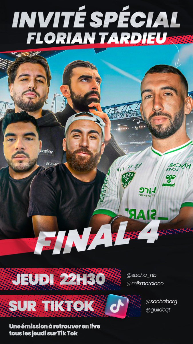 SachaNabet's tweet photo. Pour le lancement de « Final 4 » on reçoit un invité exceptionnel demain 🔥 

Florian Tardieu sera bel et bien présent pour nous parler de sa montée en Ligue 1 avec Saint Étienne ⚽️ 

Rdv demain à 22h30 sur Tiktok ! https://t.co/PsbLklMsdG