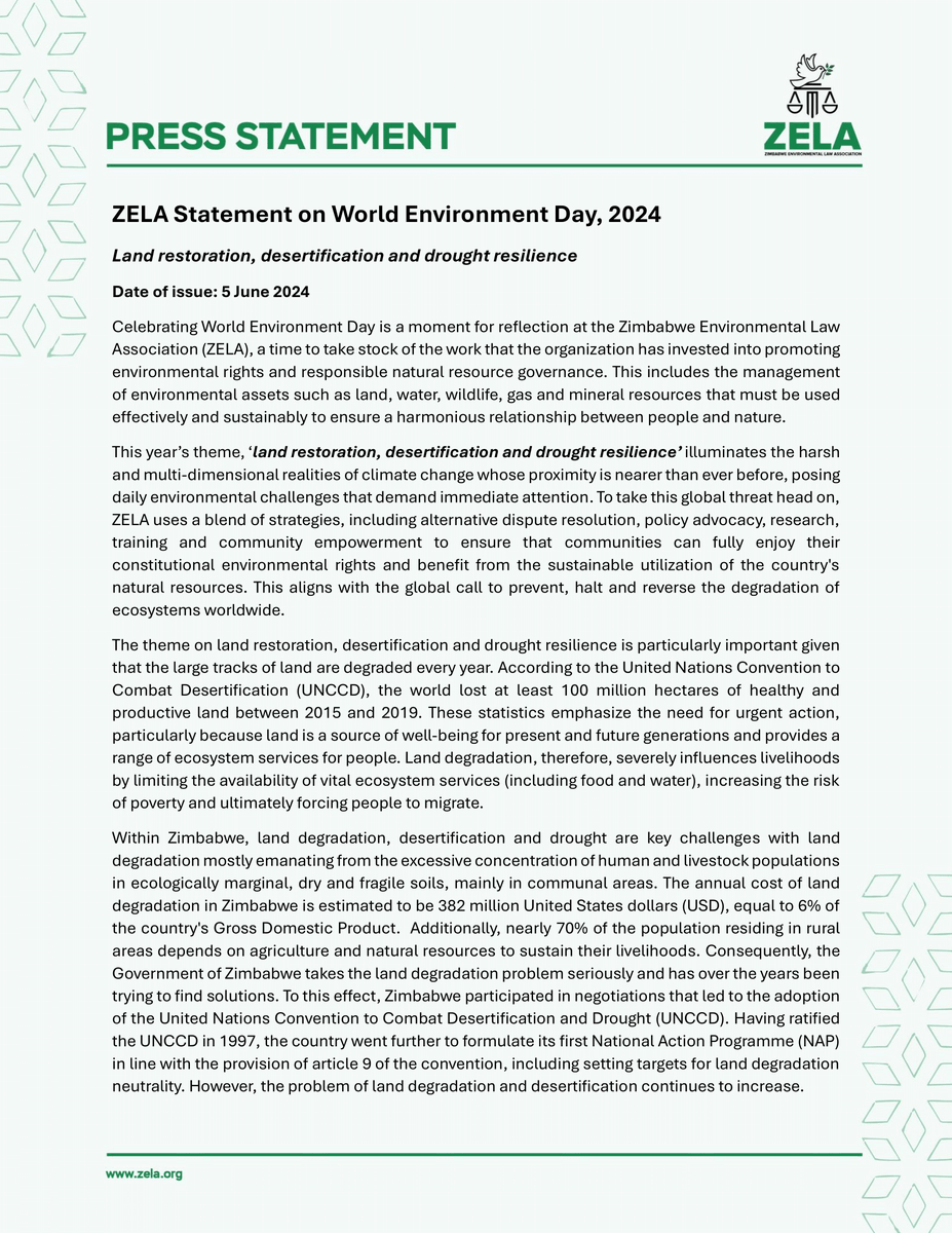 ZELO_Infor's tweet photo. Our statement on #WorldEnvironmentDay‌2024 calls for #ClimateAction to restore land, stop desertification and support drought resilience. Using the law, this is possible! Read the full statement here: https://t.co/OBy3dZKQqx https://t.co/GdajTWR2NE