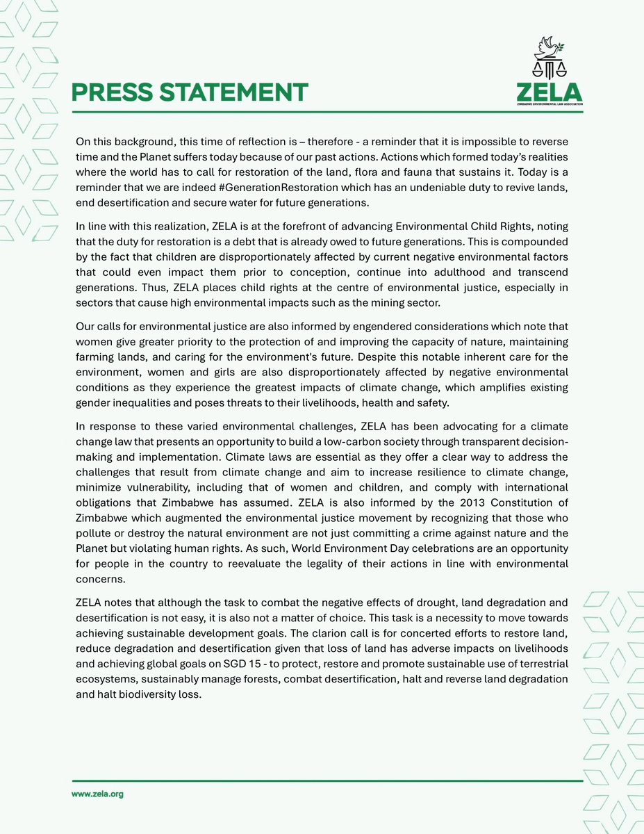 ZELO_Infor's tweet photo. Our statement on #WorldEnvironmentDay‌2024 calls for #ClimateAction to restore land, stop desertification and support drought resilience. Using the law, this is possible! Read the full statement here: https://t.co/OBy3dZKQqx https://t.co/GdajTWR2NE