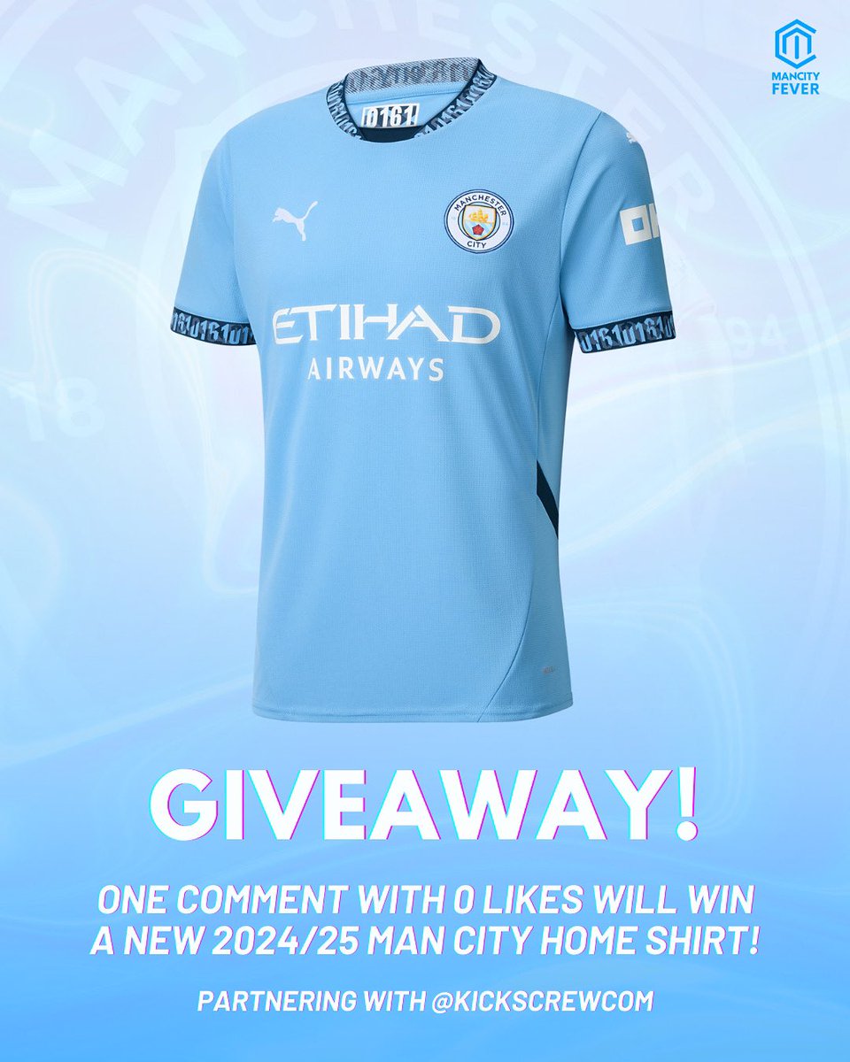mancityfever2's tweet photo. 𝗢𝗡𝗘 comment with 𝗭𝗘𝗥𝗢 likes will win a new 24/25 City home shirt! 👕🎁

To enter, simply just: 
✅ 𝗥𝗘𝗧𝗪𝗘𝗘𝗧 this tweet
✅ 𝗙𝗢𝗟𝗟𝗢𝗪 @kickscrew and @mancityfever2 https://t.co/TNJher3dNq
