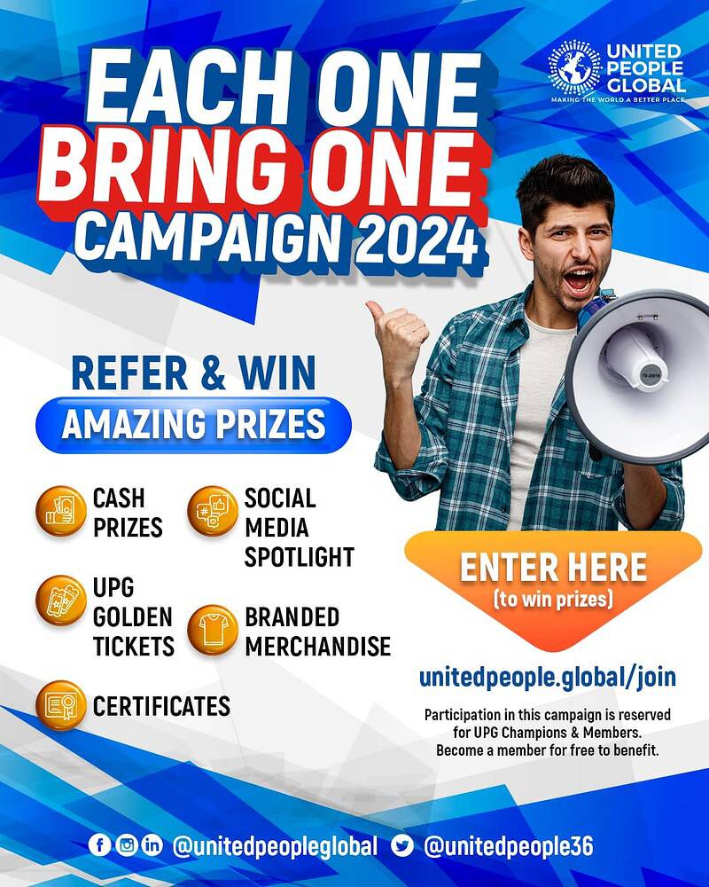 unitedpeople36's tweet photo. 🎉 Introducing the ‘Each One, Bring One’ 2024 Campaign! Exciting prizes await as we invite you to join us in spreading the UPG magic! From monthly rewards to weekly surprises, this journey is packed with opportunities to shine! 🌟

👉 https://t.co/tp7GOYYdh9 
#EachOneBringOne https://t.co/izC6ocEd7R