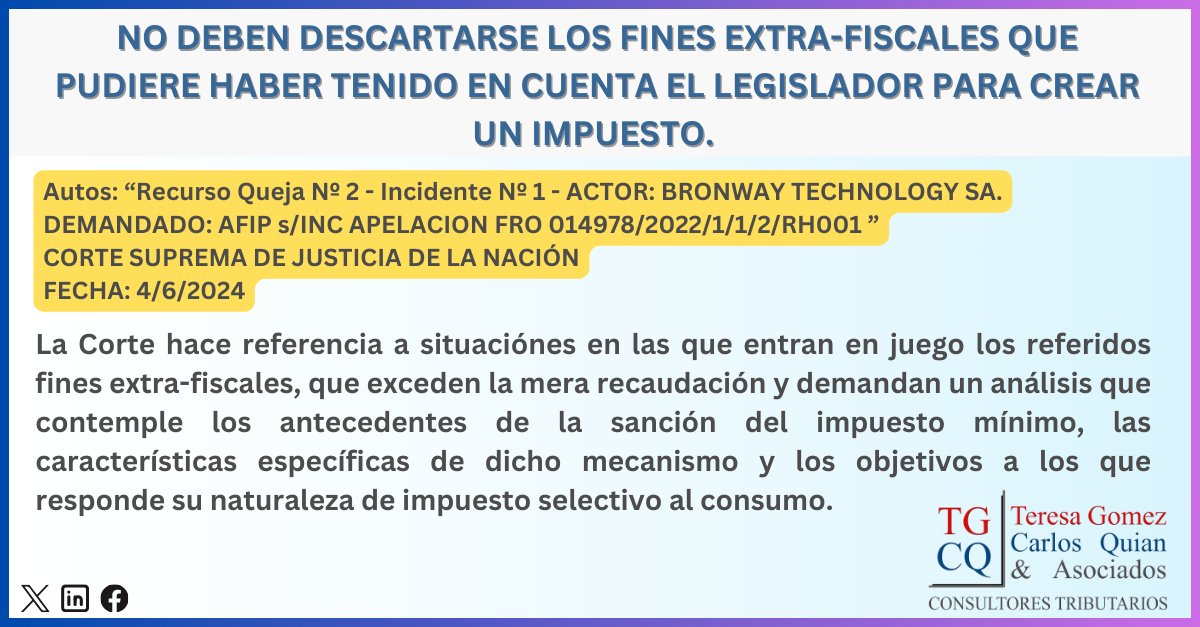 No deben descartarse los fines extra-fiscales que pudiere haber tenido en cuenta el legislador para crear un impuesto. Fallo de la @CorteSupremaAR 

FECHA: 4/6/2024

tg-cq.com/post/no-deben-…