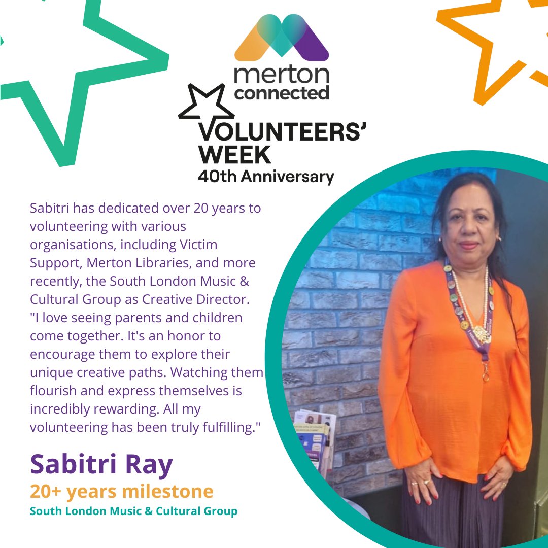 Meet Sabitri, who has dedicated 20+ years to volunteering with Victim Support, Merton Libraries, and as Creative Director at South London Music &amp; Cultural Group. 

"I love seeing parents and children come together. Watching them flourish is incredibly rewarding."

#VolunteersWeek