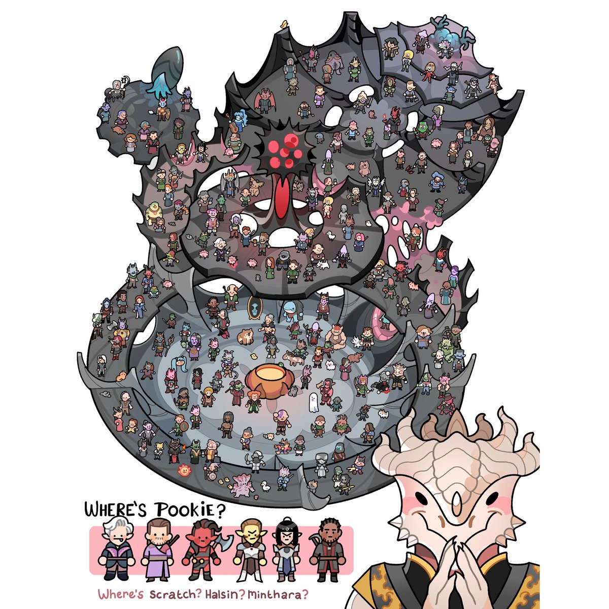 Fruitcough's tweet photo. ✨🌸Where’s POOKIE?🌸✨
This was a long one, but I added so many bg3 characters that we know and love!

Bonus:
Where’s Minsc? And boo?
Alfira?

#bg3 #larianstudios #dungeonsanddragons #baldursGate3 #astarionbaldursgate3 #baldursgate #videogames https://t.co/VbclmJrfri