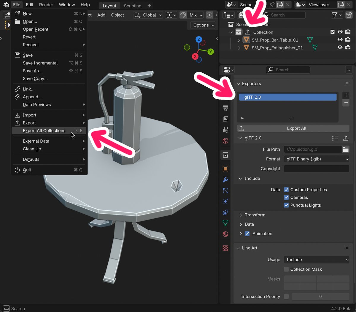 btw in case you missed it: Blender 4.2 now allows you to store export settings right in your blend file, PER COLLECTION, and export all of them in a single click

export settings can now be in your startup file!

exporting even has a hotkey assigned by default (Alt+E)! 🥳