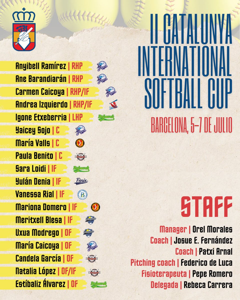RFEBS's tweet photo. CATALUNYA INTERNATIONAL SOFTBALL CUP 🥎

La selección española absoluta participará este verano en la 2a edición de la Catalunya International Softball Cup, que tendrá lugar en Barcelona del 5 al 7 de julio 🏆

Esta es la lista de convocadas para formar la selección nacional 👏🏼📝 https://t.co/ppiDOm4MPG