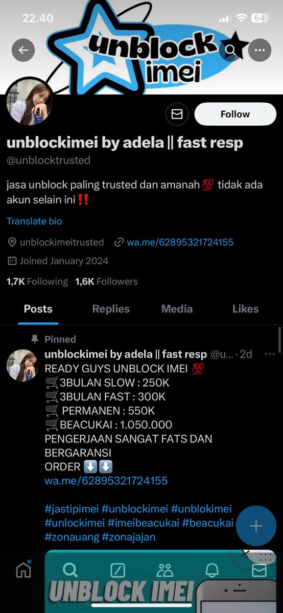 tukangchatime's tweet photo. TWITTER PLEASE DO U MAGIC!!!
aku abis ketipu sama jasa unblock imei, buat kalian hati hati banget yah kalo mau make jasa unblock imei, dia banyak akun dan banyak gonta ganti nomer kalo udah punya target yg udah tf btw https://t.co/NL5ATZIQtg