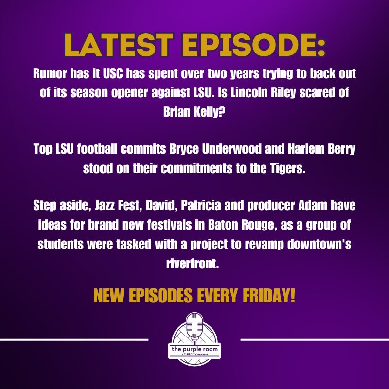 lsutigertv's tweet photo. Did you know we have a podcast?! The Purple Room is a podcast for #LSUstudents by LSU students. Everything from #LSUsports to campus life.
๐Check out the latest episode: https://t.co/OXdwlZLD0F https://t.co/ZgGCQvC7EW