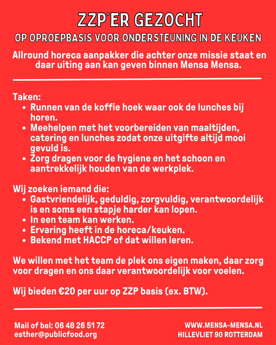 Mensa Mensa zoekt ZZP’er op oproepbasis voor ondersteuning in de keuken! 🧑‍🍳

Ze zoeken een allround horeca aanpakker die achter onze missie staat en daar uiting aan kan geven binnen Mensa Mensa...

Lees verder via  👉  shorturl.at/Tl22t

#OnsBloemhof
