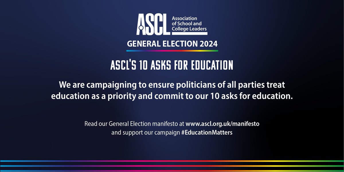 Ask 2: Immediate action to rescue the special educational needs system. 

#EducationMatters - ahead of the #GeneralElection we call on all politicians and parties to prioritise #education.  

See our 10 asks for education: ascl.org.uk/manifesto 

#StopSchoolCuts #SEND #SEN
