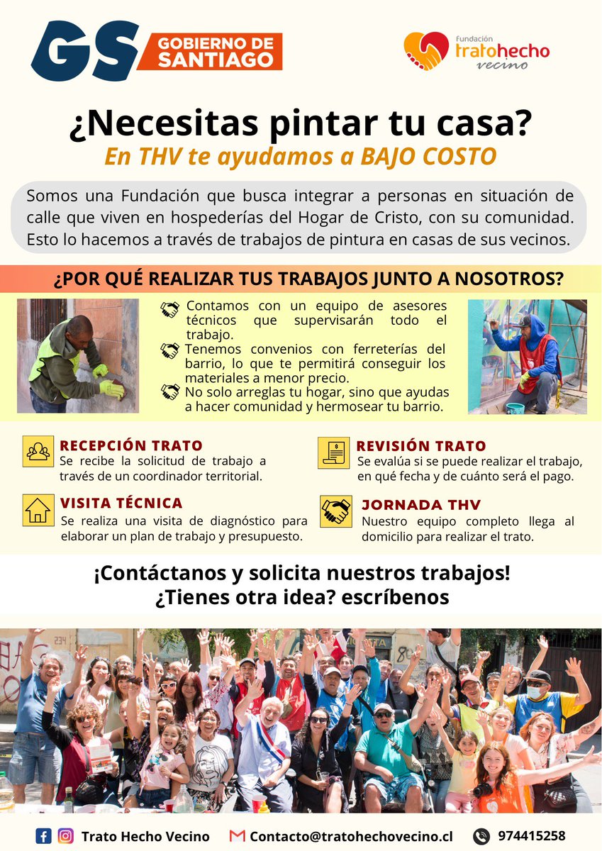 TamaraSerranoP's tweet photo. ¿QUE GUSTARÍA PINTAR TU FACHADA A MUY BAJO COSTO? 
Somos la Fundación Trato Hecho Vecino y trabajamos recuperando fachadas en el Barrio Yungay, un proyecto de inclusión social para las personas en situación de calle. #barrioyungay #munistgo #Santiago #BuenMiércoles #PSC https://t.co/MojXqKkHSV