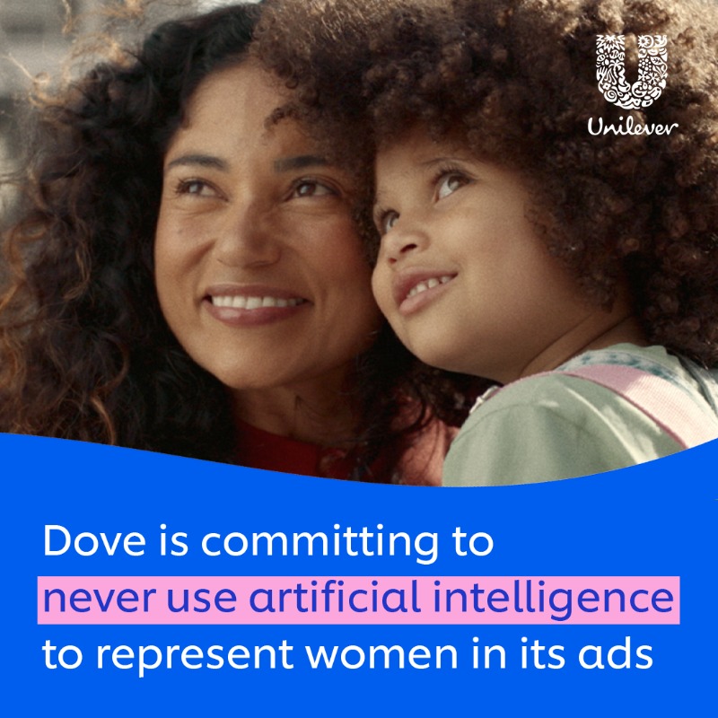 Unilever's tweet photo. Artificial intelligence is perpetuating unrealistic beauty standards.  

That’s why Dove is committing to never use AI to represent women in its ads and has renewed its vow to #KeepBeautyReal. 

Read more ⬇️ 

#UnileverBrands