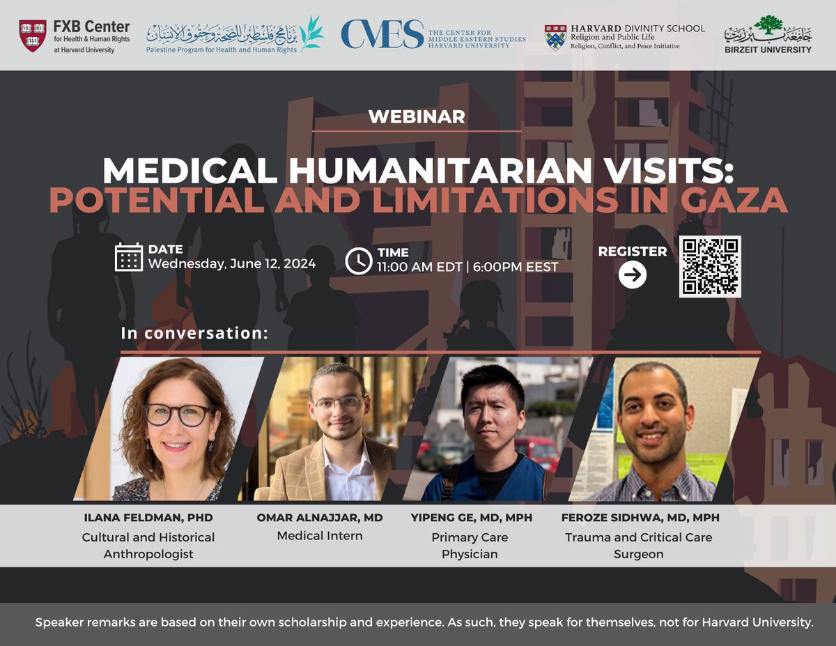 Webinar on humanitarian intervention in #Gaza.

Discussing the historical context of humanitarian intervention in Palestine, its role within a fractured health care system, and the potential and limitations of humanitarian intervention.

Register: hsph.me/PPHHR-Jun2024