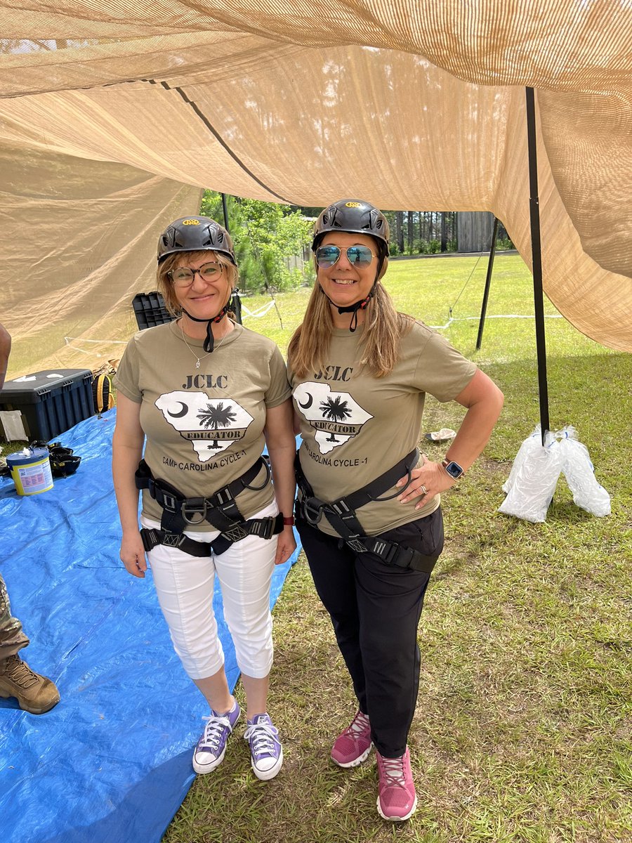 RSmalls0105's tweet photo. Zip lines and air riffles. Ms. Barnett bravely conquered zip lining. Meanwhile, Dr. Mitchell and I chose the ground work. #JCLC #CampCarolina #FtJackson https://t.co/22ggaJtsHW