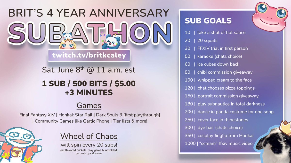 BritKCaley's tweet photo. I can't believe this is happening!!! I'm so nervous but incredibly excited to celebrate with you guys.

UNCAPPED SUBATHON starts this Saturday June 8th at 11 am est.

Let's goooooo!!! 🥳🎉 https://t.co/Uj90vwbTmg