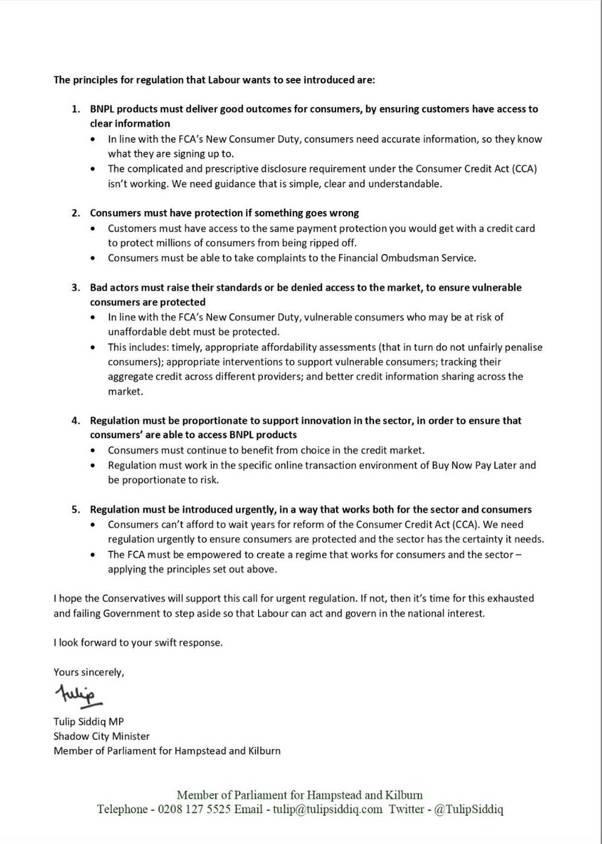 alasdoug's tweet photo. Today, the Australian government announced it’s moving to regulate buy now pay later, to improve customer outcomes.

I hope that if the Labour Party comes into power, it’ll do the same, following @TulipSiddiq's letter to the Conservatives last year, which called for regulation. https://t.co/KMjxUHH1Lg
