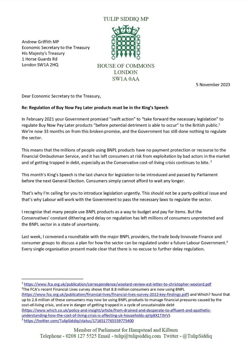 alasdoug's tweet photo. Today, the Australian government announced it’s moving to regulate buy now pay later, to improve customer outcomes.

I hope that if the Labour Party comes into power, it’ll do the same, following @TulipSiddiq's letter to the Conservatives last year, which called for regulation. https://t.co/KMjxUHH1Lg