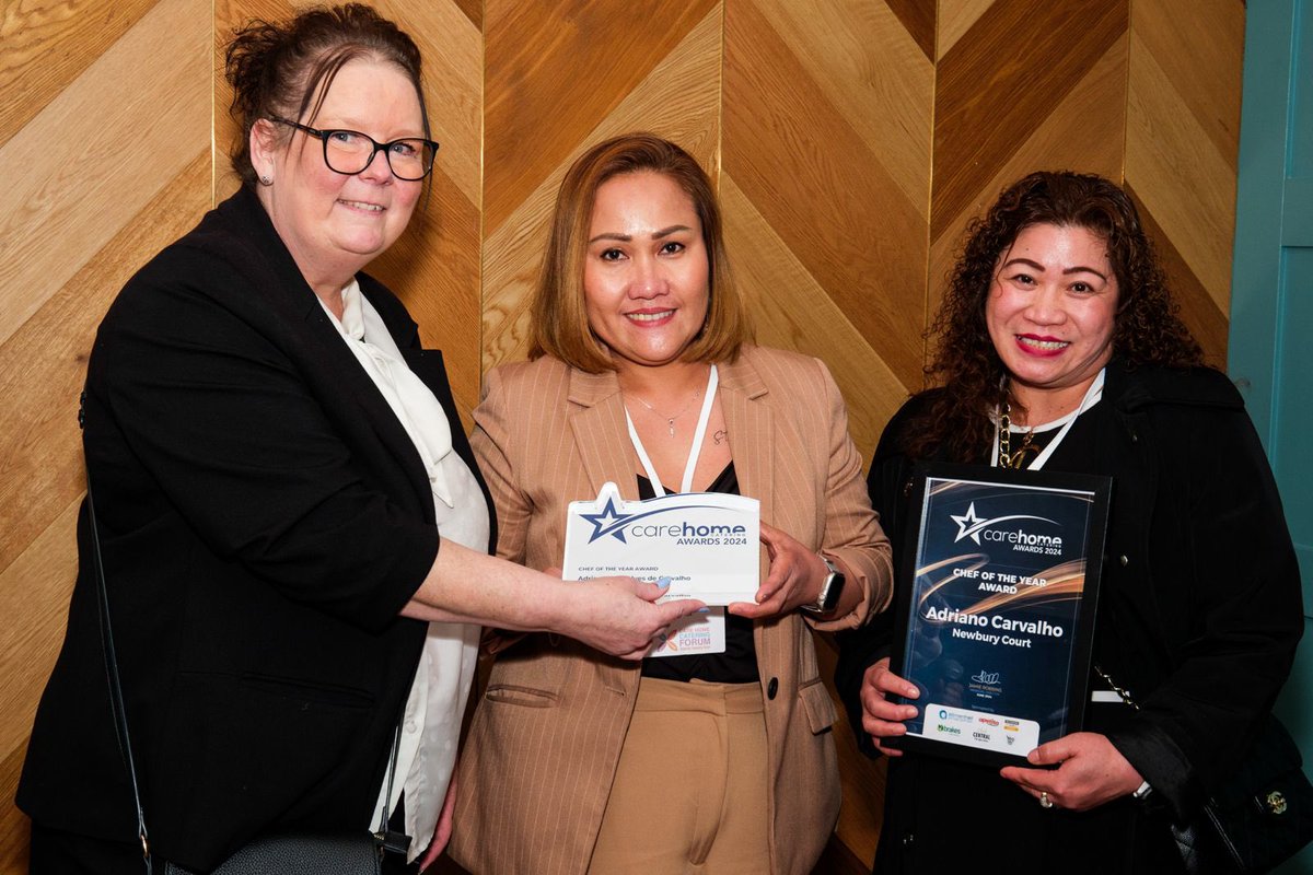 CareHmCatering's tweet photo. The 2024 Care Home Catering winners:

Chef of the year – Adriano de Carvalho, Newbury Court
Care Home Catering Team 2024 – Britten Court
Independent Care Home Caterer 2024 – Royal Variety Charity
Group Care Home Caterer 2024 – Meallmore
Above &amp; Beyond award – Manda Bracegridle https://t.co/QFtKuUwXAu