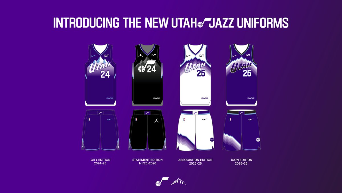 andyblarsen's tweet photo. The Jazz released four new jersey designs today, two for the 24-25 season, two for 25-26. 

- The black statement jersey won't be used or sold until Jan 2025
- Team wanted "Utah" on front, not "Jazz"
- Same design firm is contracted with Utah's NHL team

More info in next tweet: https://t.co/EAdkhbjWmg