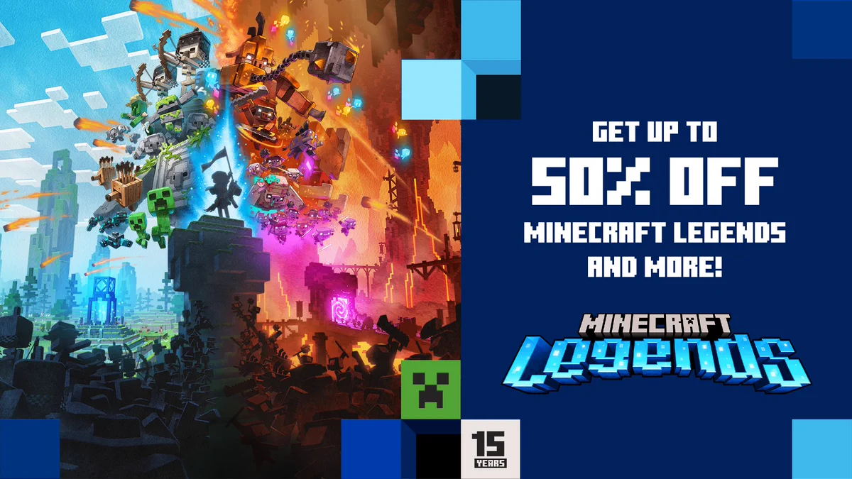 Text: Get up to 50% off Minecraft Legends and more! 