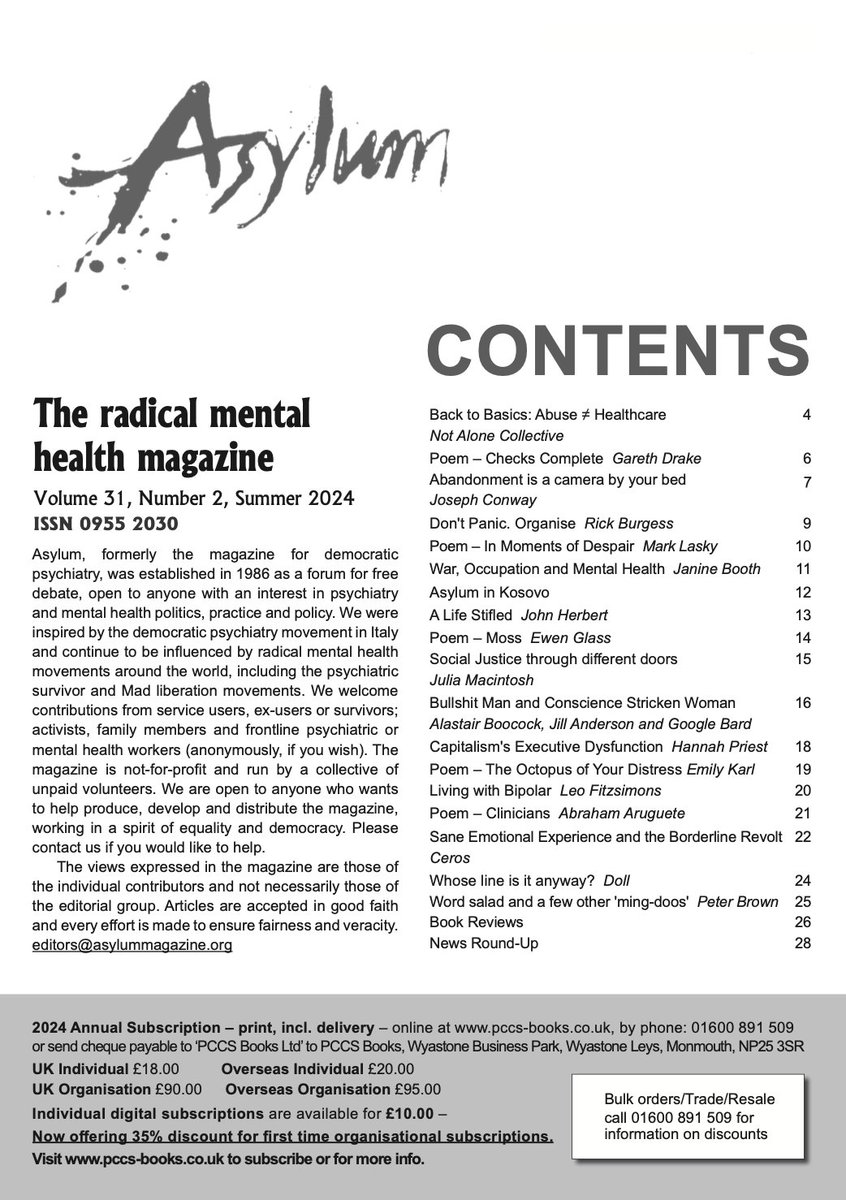 🧵Summer issue of Asylum Magazine 31.2 is out now! 
🌞 Front cover art by Doll

Articles by <a href="/Not_Alone_Co/">Not Alone Collective</a> <a href="/JanineBooth/">Janine Booth</a> @emoatypwarrior <a href="/TenPercent/">Rick B</a> Leo Fitzsimons, Joseph Conway, John Herbert, Alastair Boocock, Julia Macintosh, Peter Brown, Jill Anderson &amp; Google Bard