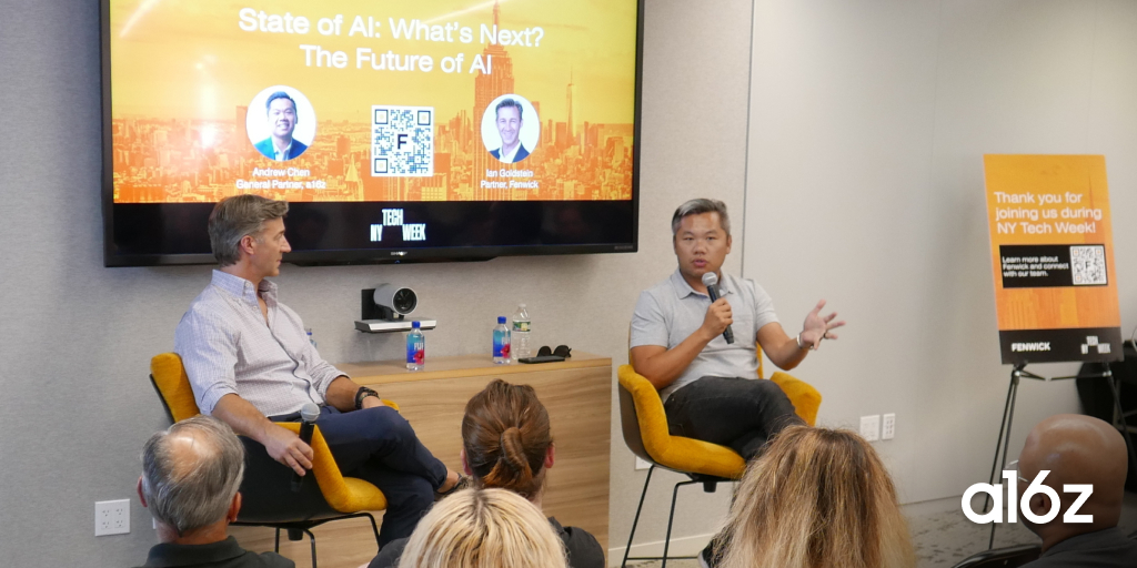 a16z's tweet photo. Companies incorporating AI into their products have a major advantage at this point in time: novelty.
We’re still in the “very, very, very early innings” of where AI could take us, and the excitement that’s creating is a good thing, @andrewchen, general partner at a16z, shared at #NYTechWeek.
Just some of that evidence: The growth rate companies are seeing is unusually fast.
AI-focused companies are reaching their first million users and first $1 million in revenue in just weeks, he said. “You have incredible top-of-funnel immediately.”
“We’re all surfing the AI wave right now,” Chen said. And what will get users to stick around, he said, will be some of the same principles that have always driven “stickiness.”
Companies in the space will have to prove they have value when incorporated in workflows, and within industries. AI tools will likely become adopted when users know their friends and coworkers are using them, similar to what happened with an example like Zoom, he said.
Chen spoke with @igoldstein5 of @FenwickWest for a panel called “State of AI: What’s Next? The Future of AI” at #NYTechWeek.
When asked about government regulation in the AI space, Chen said individuals within the tech industry, like those present at #NYTechWeek, should rally around the idea of open source.
“We have to actually fight for it and actually build it,” he said of an open-source model.
The industry is so early on its S-curve, and many regulators don’t understand it yet, but they are eager to make rules already, he said.
“For many of the founders in this room, it is really tough and really difficult to comply with every little thing. It’s going to slow all of this down,” he said of innovation in AI. “Let’s keep the innovation engine for America and the broader global economy alive, and let’s do that by having a voice and telling our story of what an amazing thing AI and Web3 and many of these other technologies can bring the world.”
Follow @andrewchen and @techweek_ for more updates throughout #NYTechWeek, including insights on the current state of AI.
None of the above should be taken as investment advice or an advertisement for investment services; please see https://t.co/zi0TIkm3d0 for more information.