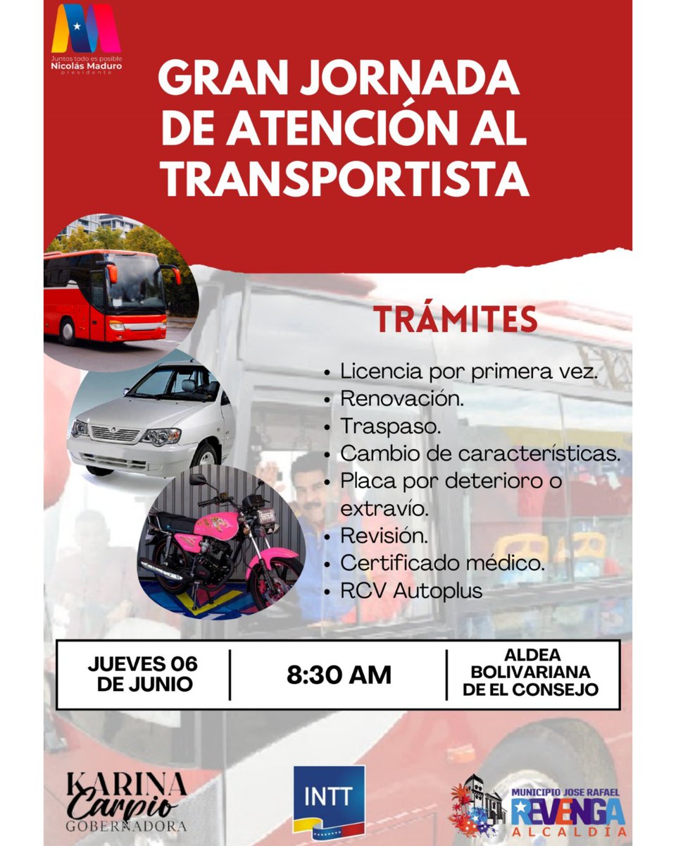 #5Jun ¡ATENCIÓN REVENGA! 📢📢📢
Mañana Jueves 6 de Junio "Gran Jornada de Atención al Transportista" donde podrás realizar diversos trámites.
📅Jueves 6 de Junio 
🕐Hora: 8:30 am
📌 Lugar: Aldea Bolivariana José Rafael Revenga.
(El Consejo)
 
¡Los esperamos!

<a href="/NicolasMaduro/">Nicolás Maduro</a>