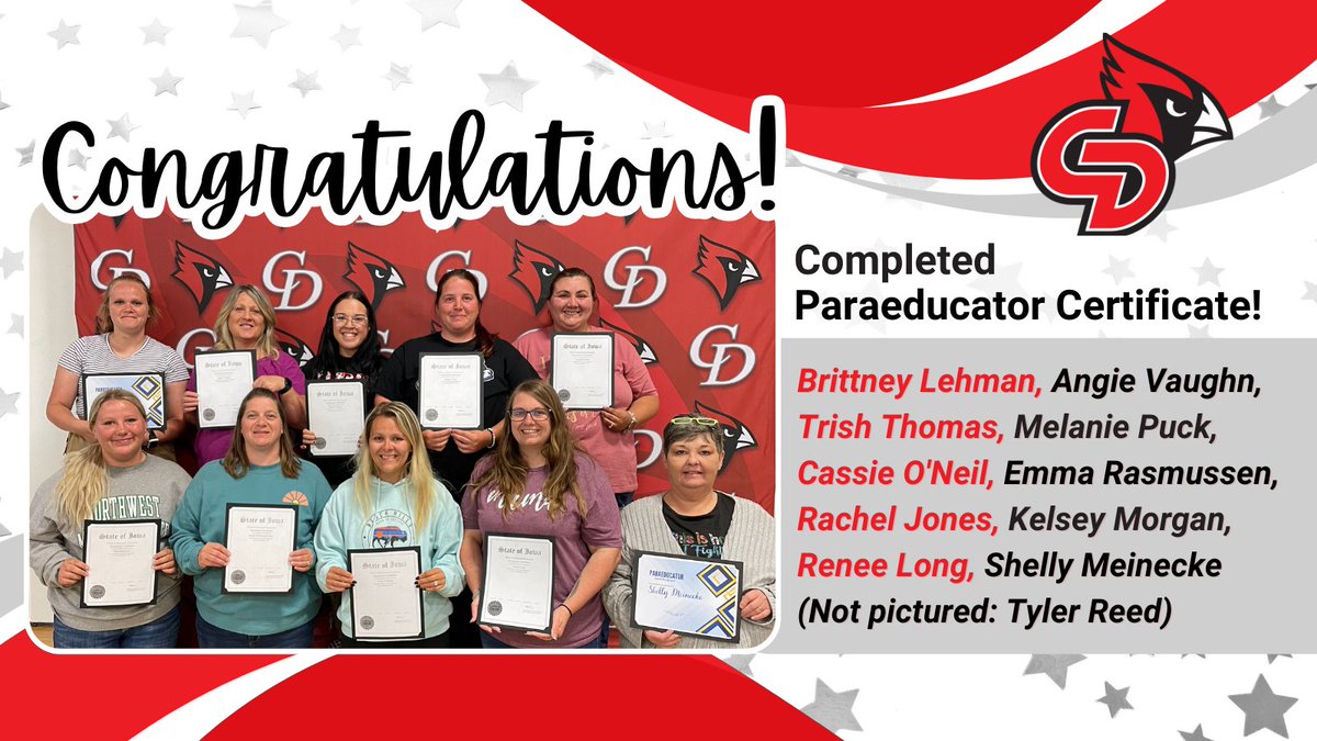 cdcardinals's tweet photo. We’re kicking off our Years of Service celebrations by congratulating the 11 individuals who completed their paraeducator certificates! Your dedication is inspiring &amp; we’re proud to have you as part of the Central Decatur family. Here's to your continued impact! 👏 #TheRedWay https://t.co/tRI8DYTIIk
