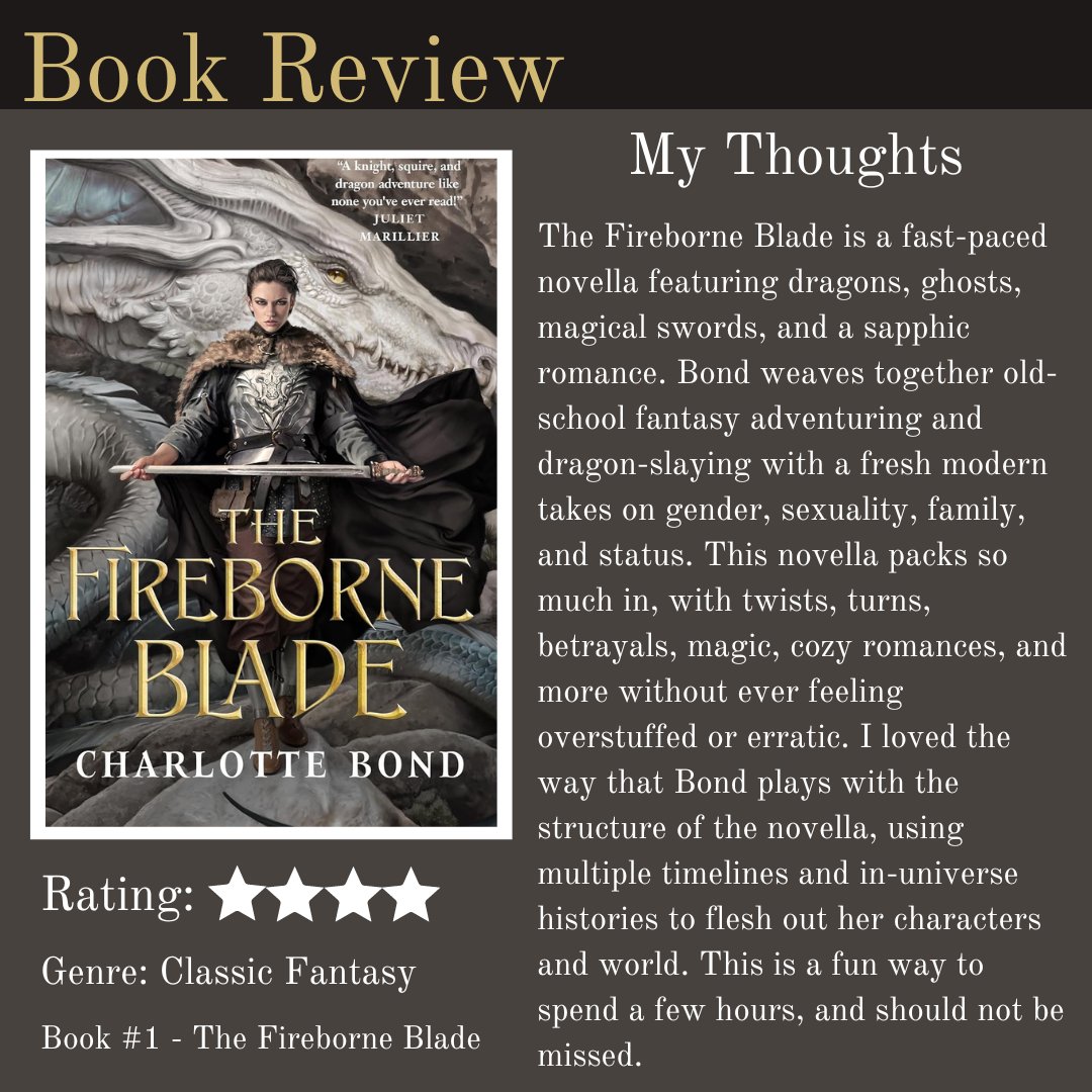 Nathan’s Fantasy Reviews (@nathan_reviews) on Twitter photo The Fireborne Blade by Charlotte Bond (<a href="/TorDotComPub/">Tordotcom Publishing</a>) is a fast-paced dragon-slaying classic fantasy with a sapphic romance at the center. Perfect for a Pride Month TBR!
Review: beforewegoblog.com/review-the-fir…
@beforewegoblog The Fireborne Blade by Charlotte Bond (<a href="/TorDotComPub/">Tordotcom Publishing</a>) is a fast-paced dragon-slaying classic fantasy with a sapphic romance at the center. Perfect for a Pride Month TBR!
Review: beforewegoblog.com/review-the-fir…
@beforewegoblog