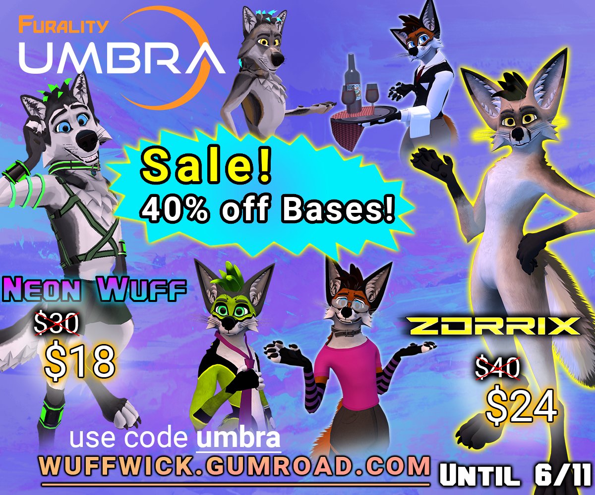 Wuffwick's tweet image. With #Furality Umbra about to begin I am having my first sale on my avatar bases! 40% off when you use the code umbra at checkout!